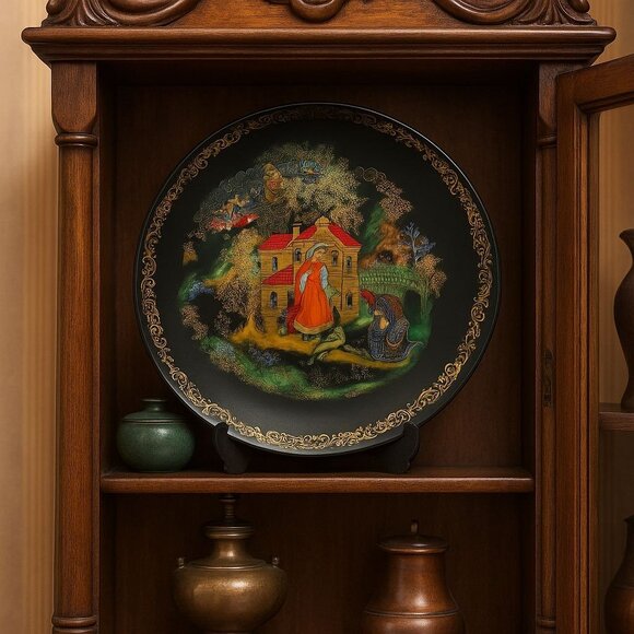 1988 Palekh Russian Fairy Tale Plate Kovalev Pushkin Gold Gilt Collectible Art - Picture 1 of 6